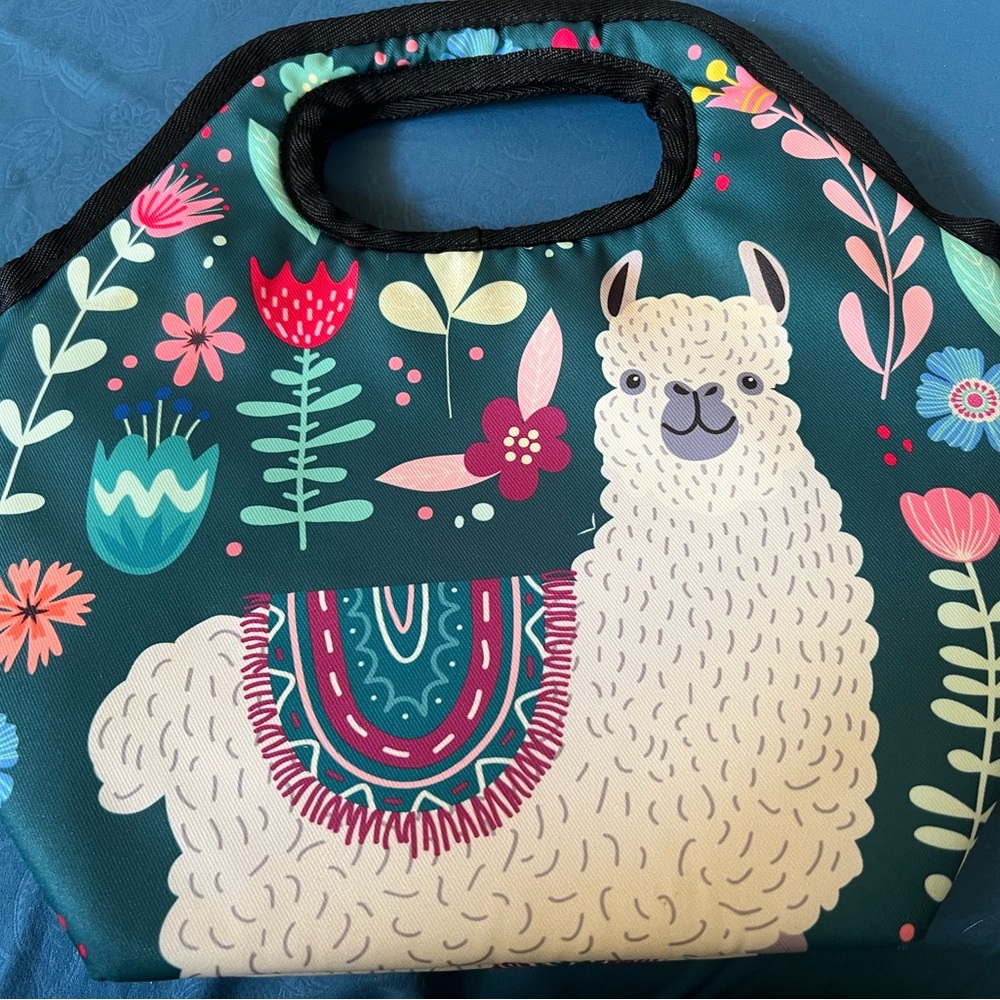 Mini Tote Bag with Cream Llama and Teal Floral Print